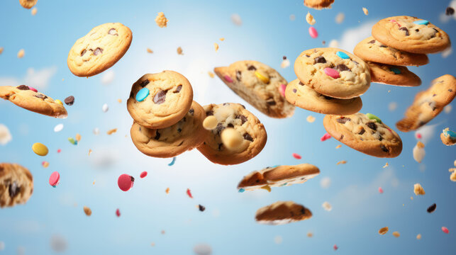 Close up of chip cookies flying in the air, levitation,rainbow palete