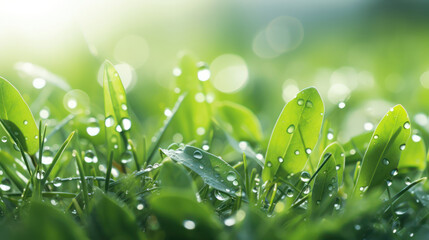 Green grass and leaves. Rain and dew combination. Summer or spring background. 