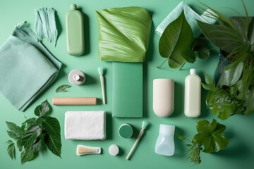 a vibrant cleaning package for using on different surfaces in the kitchen, bathroom, and other rooms. a text free area with a green background. Concept for a cleaning service. Regular cleaning in the