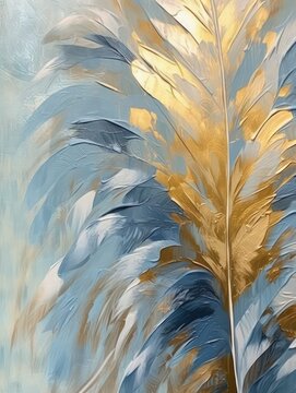 Canvas poster with grey-gold tropical leaves on blue background in wallpaper style by Generative AI