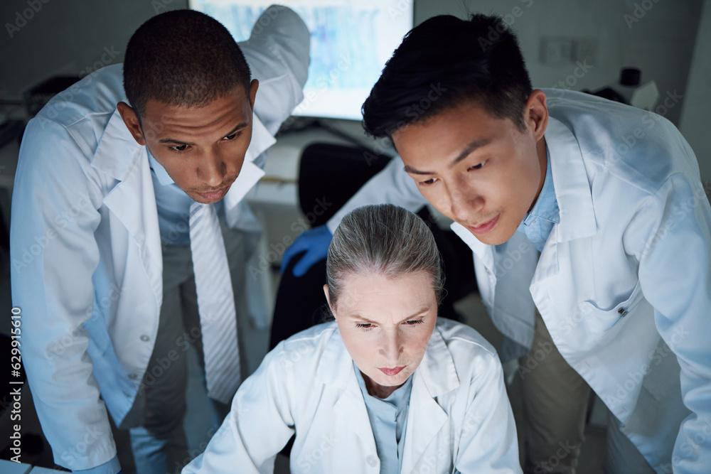Poster scientist group, thinking together and analysis in laboratory, night and teamwork for innovation, di