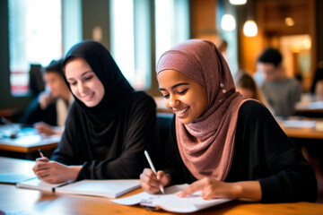 Muslim students wearing traditional clothes in a classroom studying