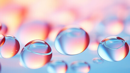 Gentle flow of water droplets on a surface creating subtle ripples and reflections, soft and pastel color palette, macro photography