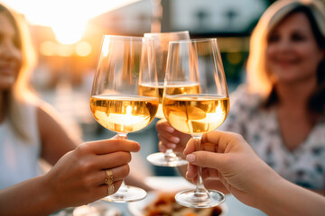 People holding glasses of white wine making a toast