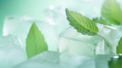 Mint ice cubes close-up on light green background