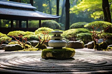 Serene Japanese Zen Garden with Meticulously Arranged Stones, Generative AI