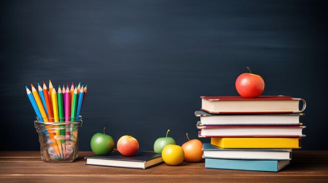 Stack of books, apples and pencils on school table against blackboard