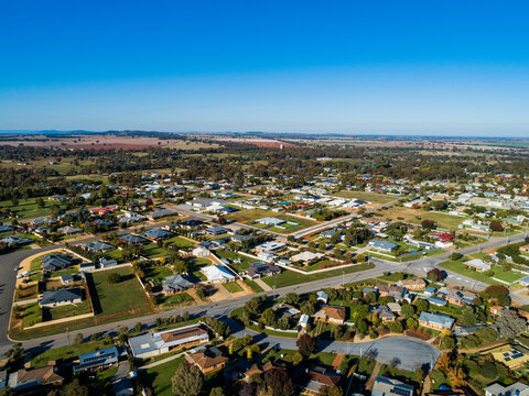 Residential townscape of country town in morning light with wide empty streets