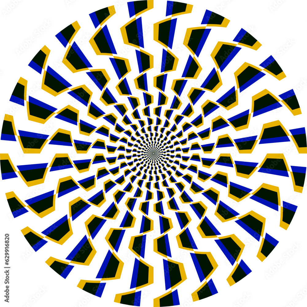Poster optical illusion circle of vibrating pattern with yellow blue trapezoids. circular template for fanc
