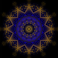 Round pattern in form of golden blue black gradient mandala. Optical art background design. Vintage circle painting.