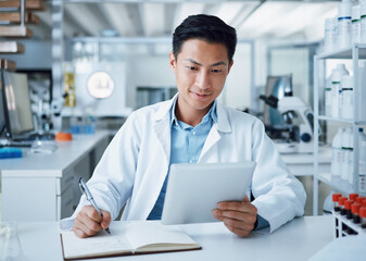 Person, tablet and notebook writing in laboratory for medical virus research, science and medicine development. Asian scientist, technology and book paper for blood sample healthcare or wellness