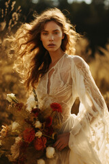 portrait of a woman/model/bride in a wedding dress engagement fashion/beauty editorial magazine style film photography look - generative ai art