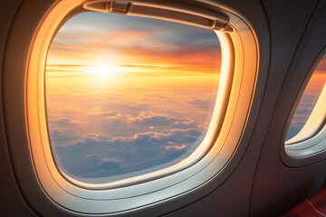 Sunset view from airplane window over the clouds ai generated art