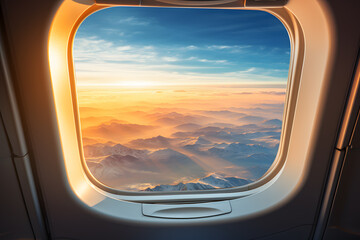 Fototapeta premium Amazing view from airplane window over mountains and clouds ai generated art.