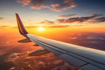 Plane wing on beautiful sunset and clouds in backdrop ai generated art