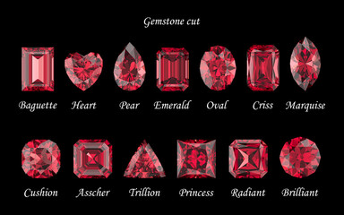Set of rubies in different cuts. Cutting scheme. Crystals on a black background. Jewelry technologies. 3d rendering.