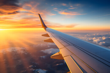 Airplain wing view ower the cloud in sun lights ai generated art.