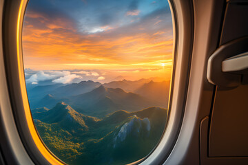 Fototapeta premium Beautiful mountain view with nice peaks from plane window in sunset ai generated art. 