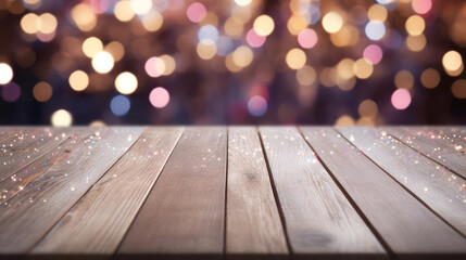 Empty wood table, sparkles and bokeh in pastel and silver colors.