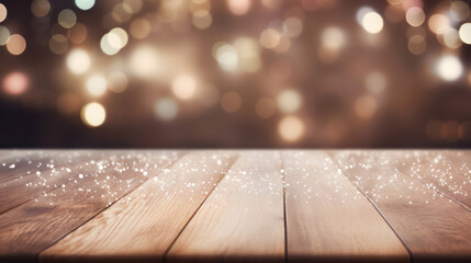 Empty wood table, sparkles and bokeh in pastel and silver colors.