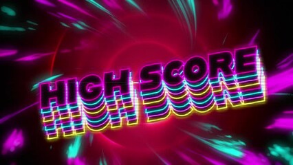 Animation of high score text over neon light pattern background - Powered by Adobe