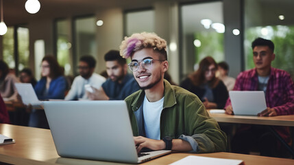 Smart Creative Male Student Studying in University with Diverse Multiethnic Classmates. Young Man with Colored Short Hair is Using a Laptop Computer in College. Generative AI. - obrazy, fototapety, plakaty