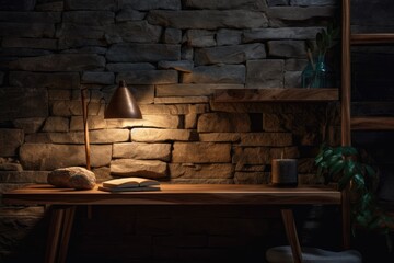 a stone wall and a lamp in the nighttime interior with a wooden shelf. Generative AI