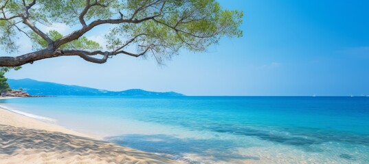 Tropical sea and tree on beach. Vacation holidays wallpaper. Generative AI technology.
