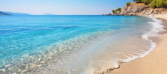 Tropical beach shore background. Vacation holidays wallpaper. Generative AI technology.