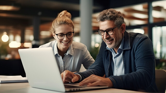 Portrait of Two Creative Colleagues Using Laptop to Discuss Work Project at Office. Technical Support Specialist Helping Female Customer Relationship Coordinator. Teamwork Concept. Generative AI.