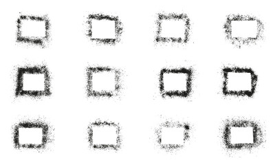 Square Frame Spray with Grainy Texture Set. Grunge Border in Rectangle Shape Collection. Paint Brush Grain on White Background. Black Abstract Graphic Design Element. Isolated Vector Illustration