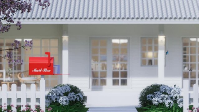 Animation of a red mailbox with white fence in front of the house 3d render. There is an envelope inside. There is a blooming flower garden and a white house in the background.