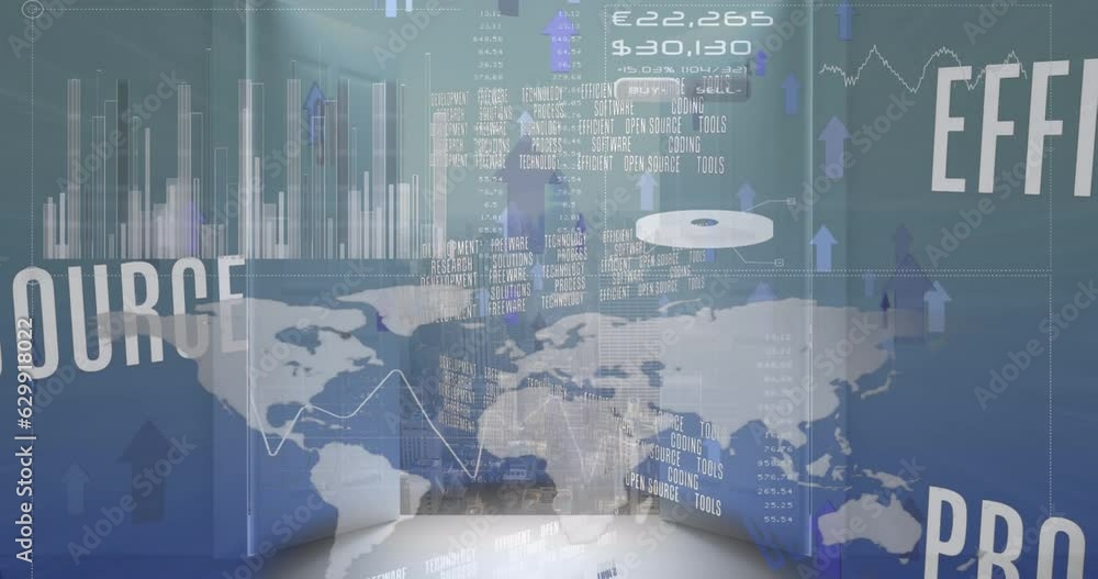 Poster Animation of business concept texts and data processing against view of cityscape