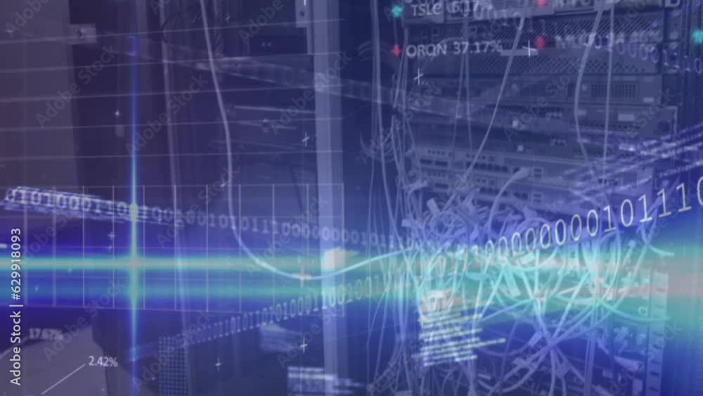 Poster animation of statistical and stock market data processing against close up of a computer server