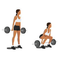 Fototapeta na wymiar Woman doing barbell hack squat with stepping on the weight plate. Flat vector illustration isolated on white background