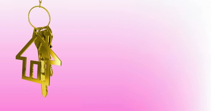 Animation of hanging golden house keys against pink gradient background with copy space