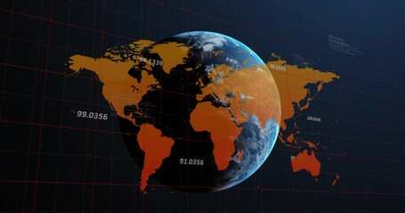 Animation of data processing over world map against spinning globe in space - Powered by Adobe