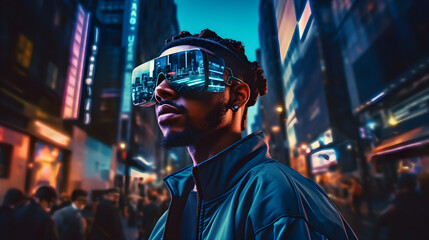 Obraz premium Futuristic Man wearing Virtual Reality VR Glasses experiencing Augmented Reality Interface, ai generative