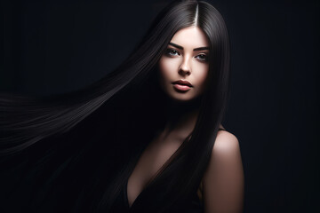 Fototapeta premium Beautiful young woman with long dark hair on dark background. Generative AI.