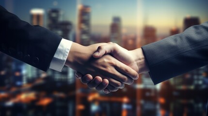 Businessman handshake with blurred sunset city background. Success business partner teamwork. Generative AI technology.