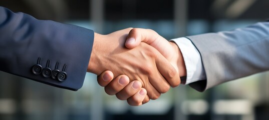 Businessman handshake with blurred office background. Success business partner teamwork. Generative AI technology.