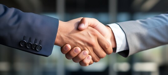 Obraz premium Businessman handshake with blurred office background. Success business partner teamwork. Generative AI technology.