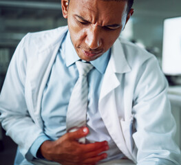 Scientist man, lab and stomach ache with health, stress or anxiety in night for pain, gas or red...