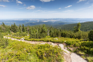 View from the pass to the Karkonosze Mountains, a mountain path in Poland.