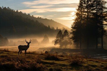 Serene Meadow with Grazing Deer at Dawn, Generative AI