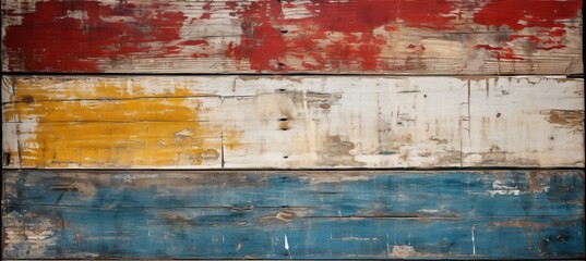 Fototapeta na wymiar Old wooden plank board with peeling white, blue, red, yellow paint colors texture. Generative AI technology.