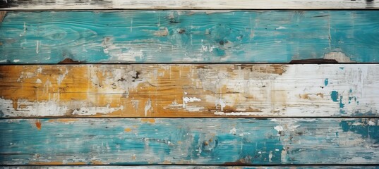 Old wooden plank board with peeling blue and yellow paint colors texture. Generative AI technology.