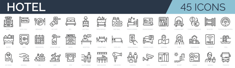 Set of 45 outline icons related to hotel, motel, hostel. Linear icon collection. Editable stroke. Vector illustration - obrazy, fototapety, plakaty