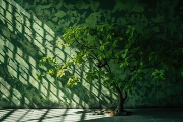 Background of a green wall with a tree shadow. Generative AI
