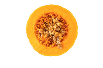 Shown is a cross section of an orange pumpkin with seeds on a white background.
